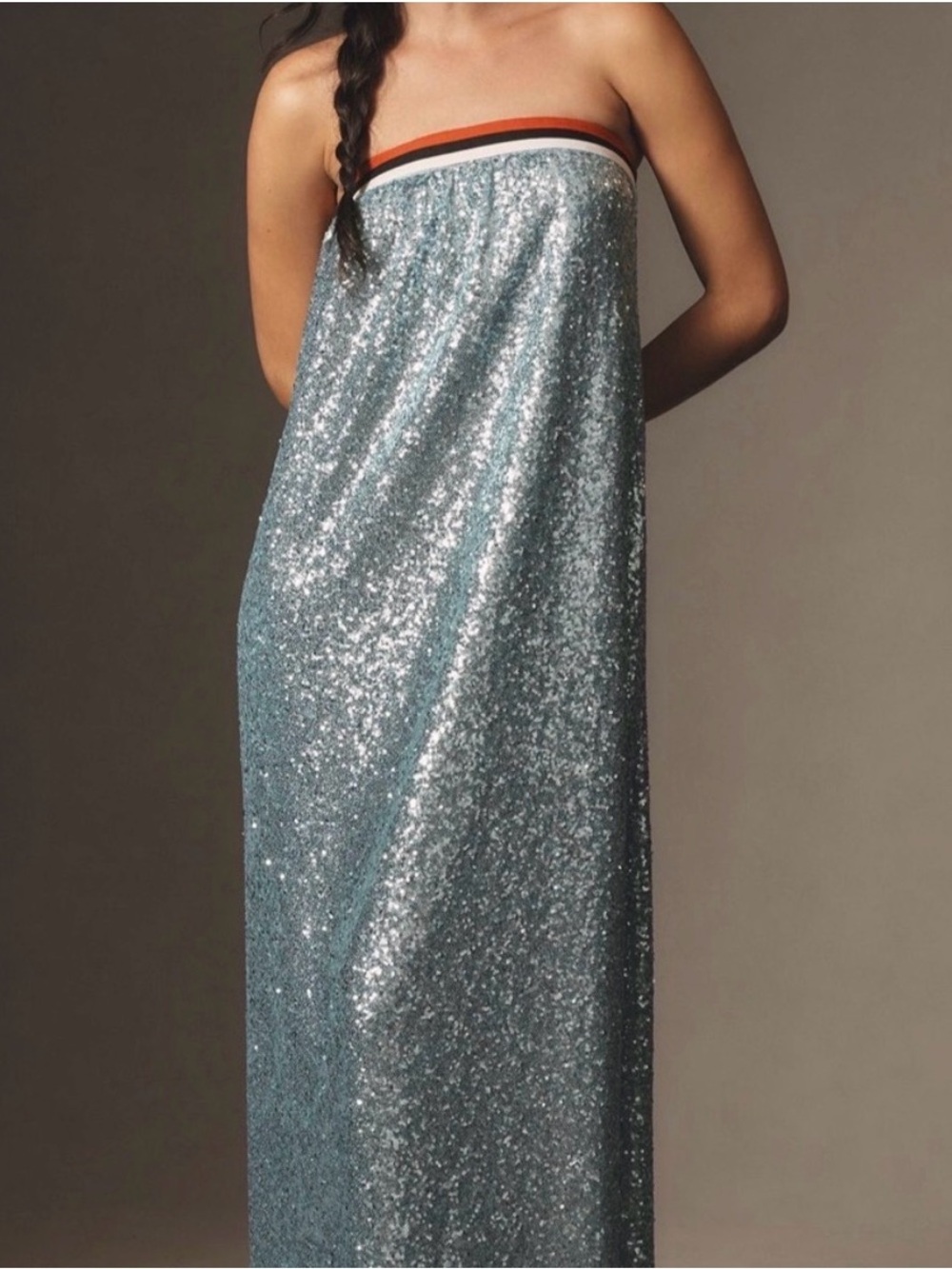 Anthropologie Sunday in Brooklyn Teal-Sequin Strapless Dress with Orange & Black